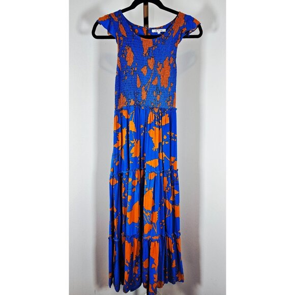 ABEL THE LABEL Blue Orange Floral Smocked Long Sundress-SZ S - Picture 1 of 6